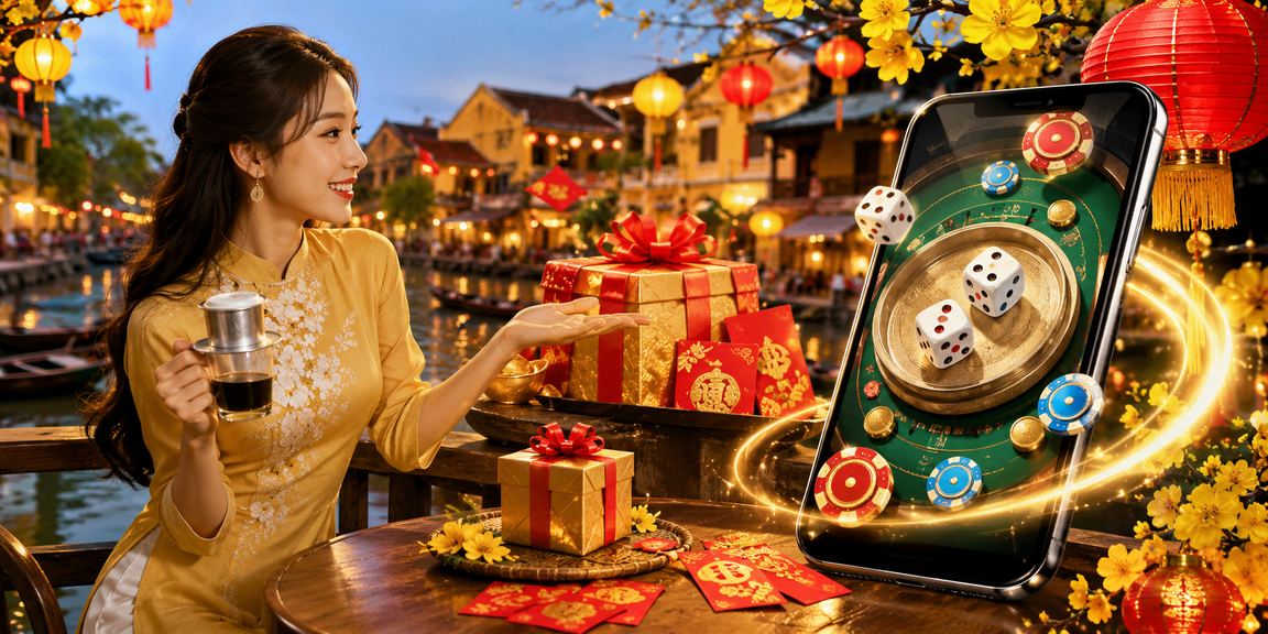 Người chơi tại Hội An tra cứu mã voucher 509 qua điện thoại bên tách cà phê