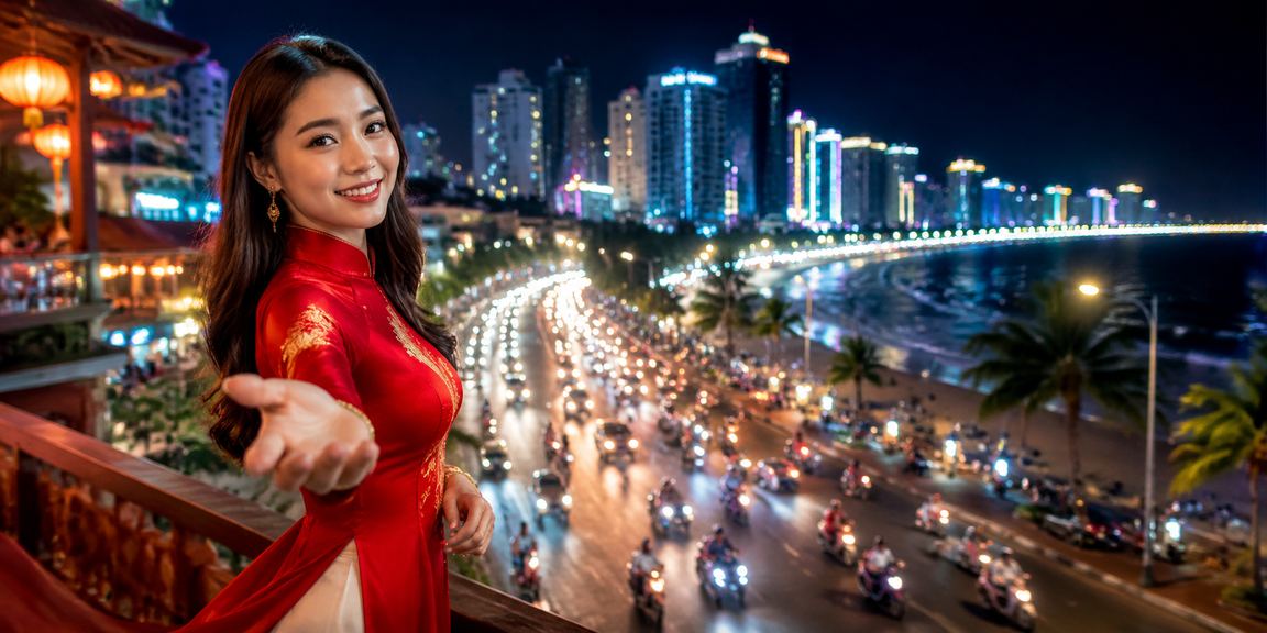 Phụ nữ Việt Nam trong trang phục áo dài tại Nha Trang dùng điện thoại